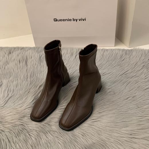 新款春秋季单靴棕色马丁靴子高跟方头瘦瘦法式小短靴女鞋 商品图5