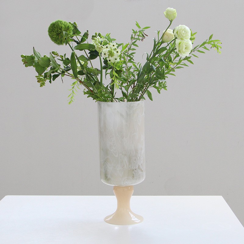 艺术法式奶油高脚手工玻璃花瓶中古风灯插花鲜花酒店样板房装饰瓶