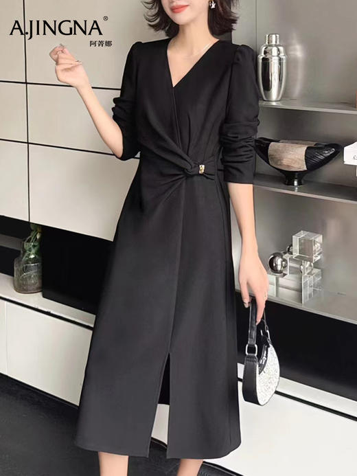 【修身围裹式】阿菁娜秋季新款法式围裹长袖连衣裙 收腰显瘦遮小腹X廓形 通勤约会多场景 F30D212001 商品图3