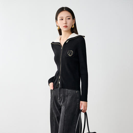 NEELLY纳俪商场同款冬季新款学院风翻领羊毛针织开衫女显瘦毛衣N25104A04507 商品图2