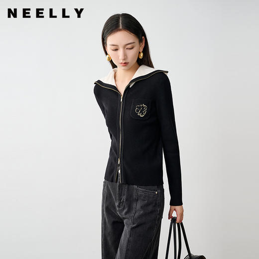 NEELLY纳俪商场同款冬季新款学院风翻领羊毛针织开衫女显瘦毛衣N25104A04507 商品图0