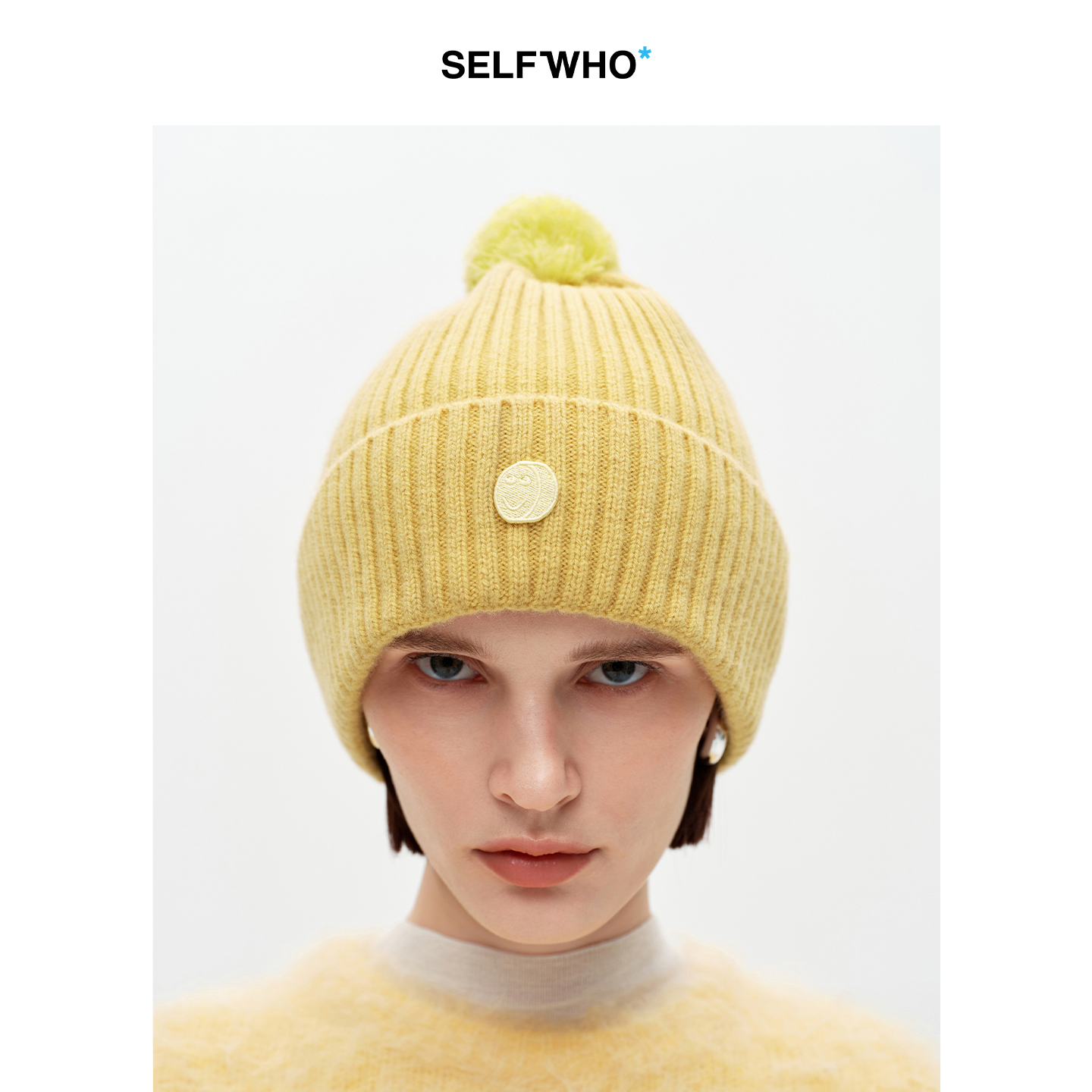 SELFWHO100%绵羊毛笑脸章仔针织帽女2025冬新款保暖毛球装饰帽子