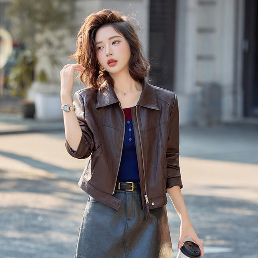 HR MEIQIN5711时尚美拉德翻领皮衣外套复古皮夹克显瘦上衣 商品图2