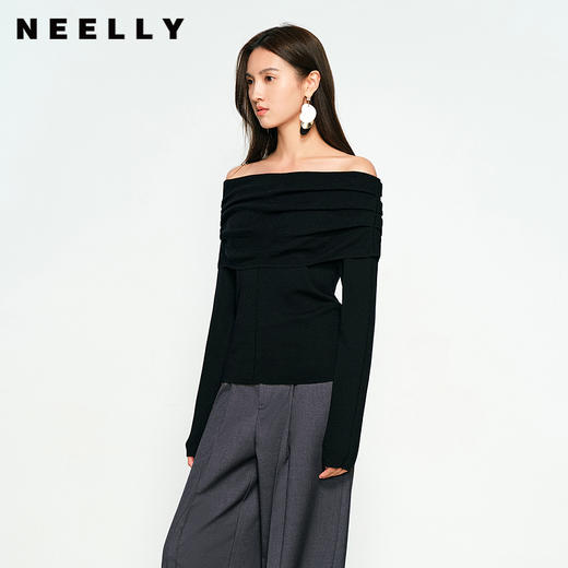 NEELLY纳俪商场同款春季新款一字肩个性显瘦针织衫女气质简约上衣N25104A04426 商品图0