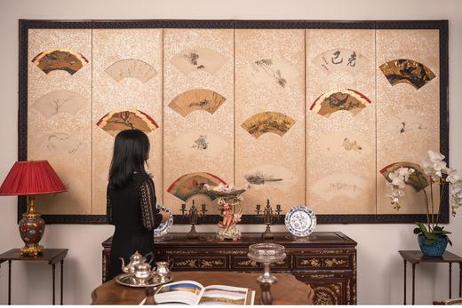 【已售】独角鹿西洋古董 20世纪初日本大正时期出品银地纸本着色东瀛折扇主题六曲屏风 商品图1