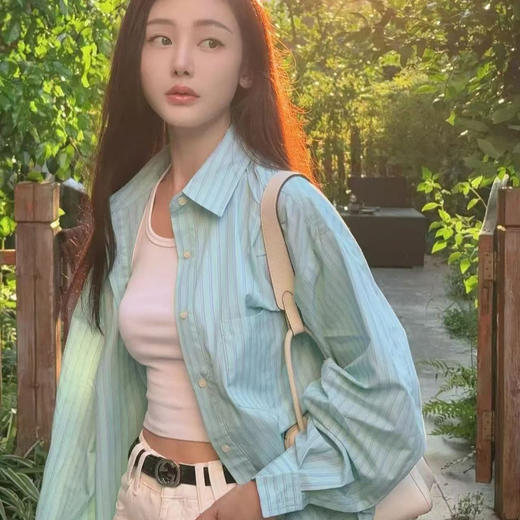 新品上市薄荷蓝绿色条纹衬衫女2025新款衬衣小外套绝美上衣内搭外穿百搭外套 商品图1