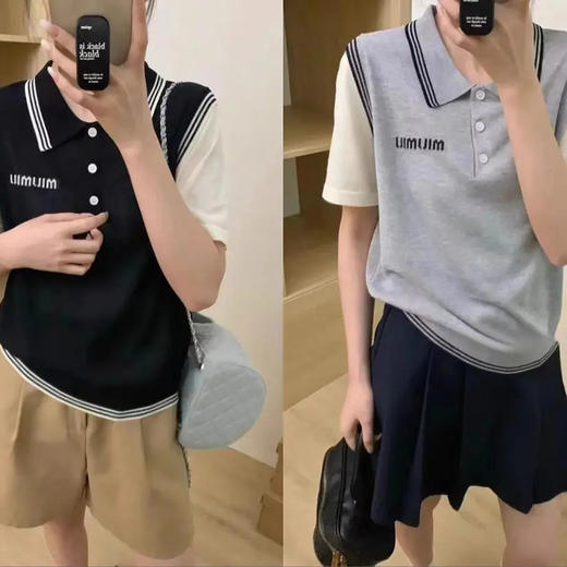 韩系微透薄款撞色假两件翻领时尚气质针织衫   YX-112704 商品图2