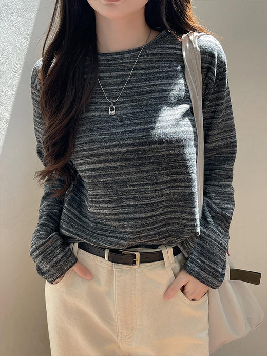 【YW】无忧购灰色长袖t恤女新款圆领打底衫渐变色显瘦遮肉穿搭上衣8033（截单后7天发货) 商品图3