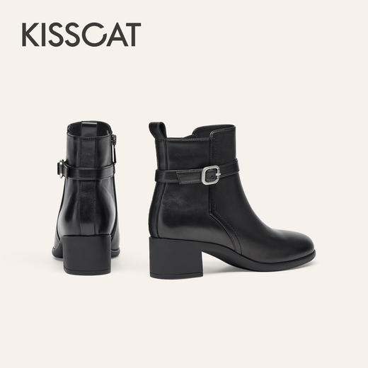 【云粉节】BF楼KISSCAT接吻猫25冬季新款显瘦粗跟矮靴增高法式真皮黑色时装靴女KA65885-10吊牌价1499活动价799 商品图2