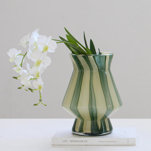 现代简约抹茶绿条纹花瓶仿真花摆件家居样板房客厅玄关台面装饰品 商品图4