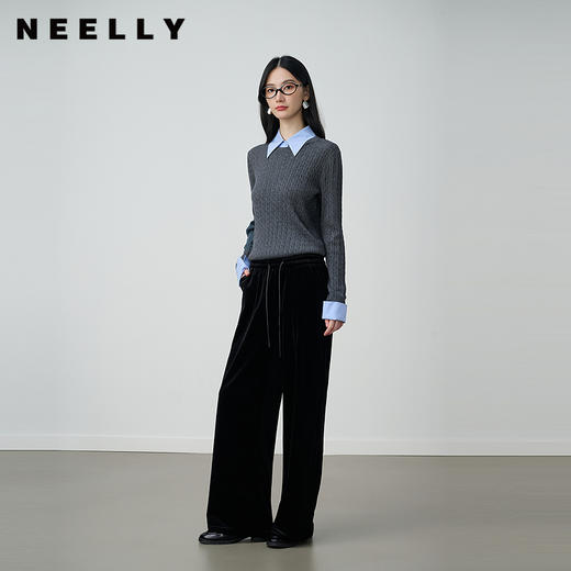 NEELLY纳俪2025秋冬新款简约运动感丝绒松紧腰直筒裤垂感长裤女N25104H05511 商品图0