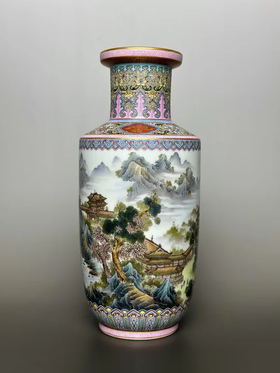 古月轩琴棋书画描金图案边 山水楼阁题诗棒槌瓶