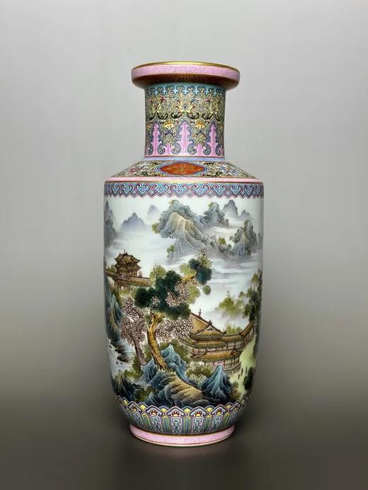 古月轩琴棋书画描金图案边 山水楼阁题诗棒槌瓶 商品图0