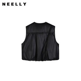 NEELLY纳俪商场同款冬季新款PU羽绒服马甲女黑色圆领宽松保暖外套N25104D04579
