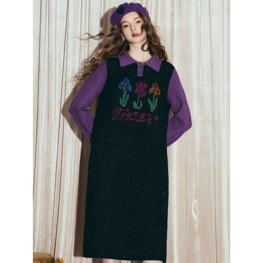 两三事梵高文艺光合物语2025冬新款鸢尾花拼色假两件毛衣裙连衣裙 商品图2