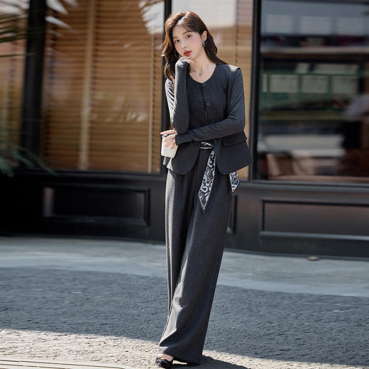 HR MEIQINS860通勤套装气质丝巾西装马甲阔腿裤三件套 商品图1
