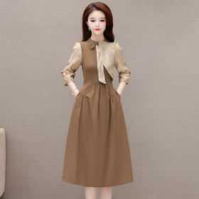 时尚长袖连衣裙，设计感收腰圆领拼色高腰百褶裙QYM-YXJY-X303-Y