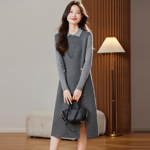 XFY-3130娃娃领针织连衣裙2025秋冬新款小个子高级感配大衣毛衣裙两件套装 商品图3