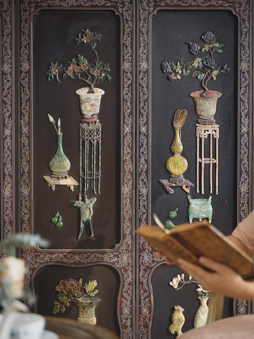 【已售】独角鹿西洋古董 20世纪末中国出品「博古清供」主题百宝嵌六曲屏风 商品图3