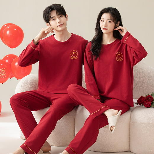 情侣睡衣红色长袖圆领薄款女士大码男士华夫格家居服可外穿套装秋本命年睡衣 商品图2