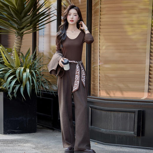 HR MEIQINS860通勤套装气质丝巾西装马甲阔腿裤三件套 商品图2