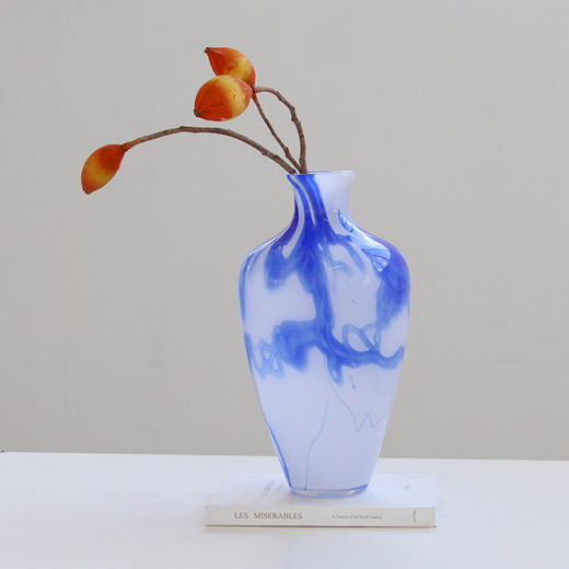 碧轩厂家直销蓝色肌理新中式复古艺术玻璃花瓶氛围感台面鲜花花瓶 商品图4