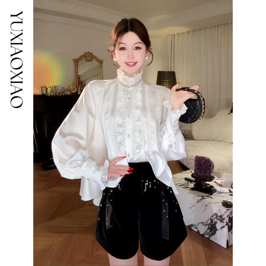 余潇潇【月光巴洛克】法式宫廷风高级缎面精致花边木耳边长袖衬衫 商品图0