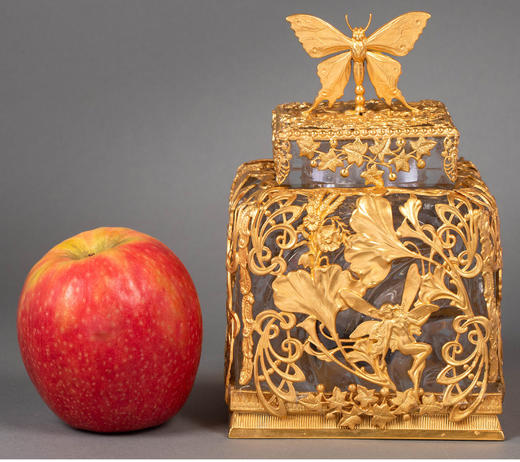 独角鹿西洋古董 19世纪末20世纪初法国出品新艺术风格仙子与花蝶植物主题铜鎏金精雕水晶墨水瓶 商品图1