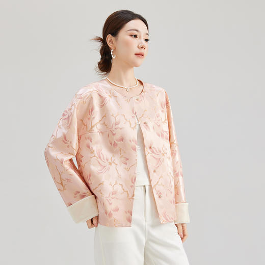 SM 1329羊毛圆领外套新中式提花盘扣轻奢印花真丝上衣 商品图3