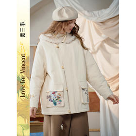 两三事梵高文艺 月光之息 2025冬季新款印花刺绣口袋毛领棉衣外套