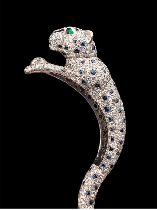 独角鹿西洋古董 20世纪晚期法国出品铂金嵌钻石蓝宝石祖母绿及缟玛瑙「美洲豹」手镯 商品图4