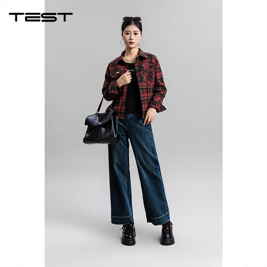 冬上新复古美式酷飒感红黑格纹工装风衬衫女1254007 商品图1