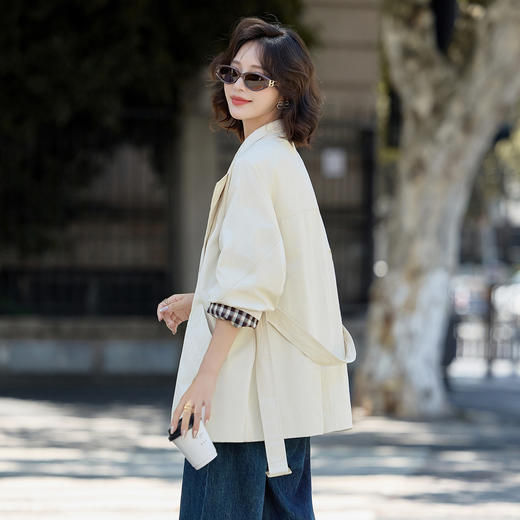 HR MEIQIN5698韩系休闲风衣外套宽松翻领格纹拼接上衣 商品图3