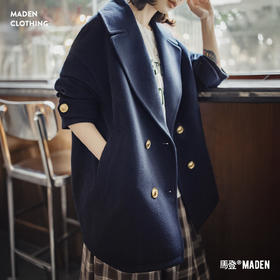 马登蓝色复古中长款绒面外套加厚保暖重磅双排扣毛呢子大衣女士秋