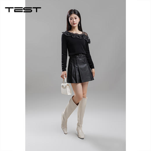 冬上新黑色网纱荷叶边露肩长袖设计毛衣1254023 商品图1