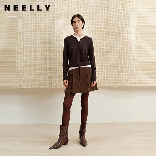 NEELLY纳俪商场同款冬季新款经典立体复古百褶裙女美拉德显瘦短裙N25102E01050 商品图0