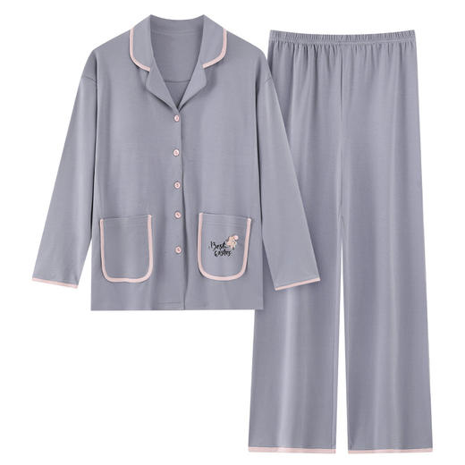 素色系睡衣日系家居服年翻领长袖睡衣女秋季卡通纯棉带胸垫家居服可外穿春秋冬套装 商品图4