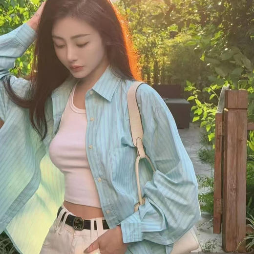 新品上市薄荷蓝绿色条纹衬衫女2025新款衬衣小外套绝美上衣内搭外穿百搭外套 商品图0