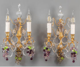 独角鹿西洋古董 1850-1870年代法国拿破仑三世时期出品铜鎏金精雕镶嵌「葡萄」主题水晶吊坠双枝壁灯一对