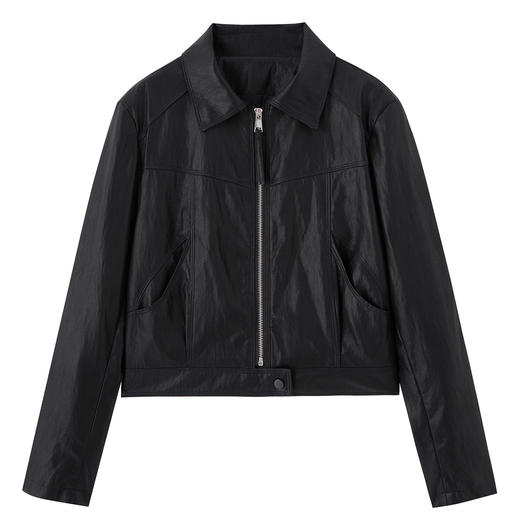 HR MEIQIN5711时尚美拉德翻领皮衣外套复古皮夹克显瘦上衣 商品图4