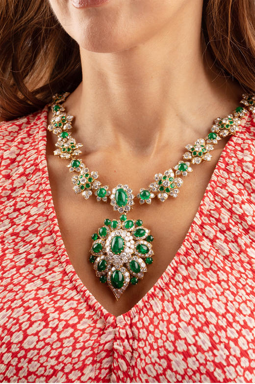 独角鹿西洋古董 1970年代法国出品18K黄金镶嵌钻石及祖母绿可拆卸式项链/胸针 商品图1