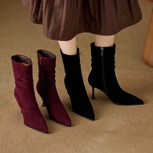 【预售5天】法式高级感小短靴，高跟尖头细跟褶皱中筒瘦瘦靴QS&765 商品图2