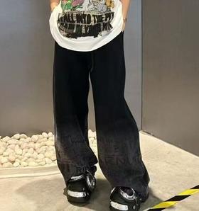 N抽绳腰头裤脚渐变字母阔腿裤（黑）夏季 351070140321