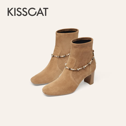 【云粉节】BF楼KISSCAT接吻猫25冬新老钱粗跟靴真皮时装瘦瘦靴链条黑色高跟靴女KA65735-10吊牌价1599活动价899 商品图1