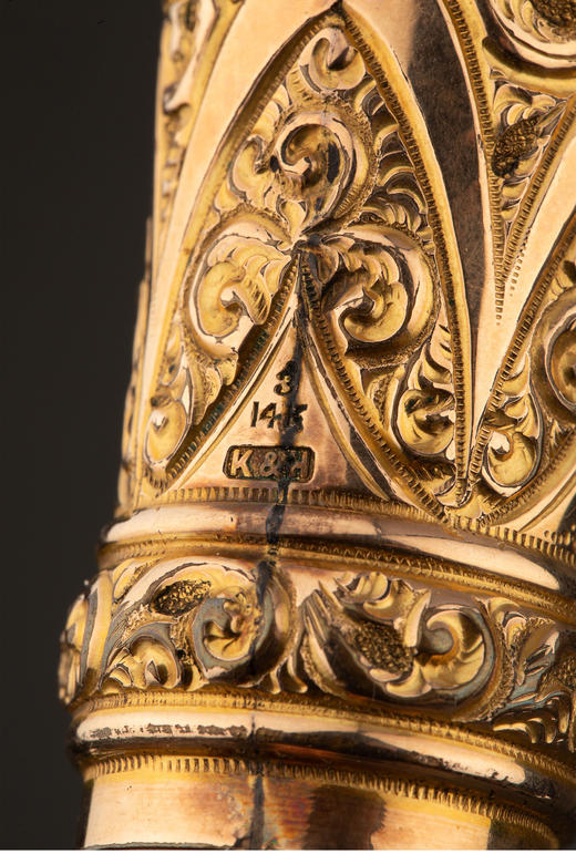 独角鹿西洋古董 1880-1910年代英国维多利亚时代出品14K黄金精雕卷叶纹镶嵌珍稀材质杖柄绅士手杖 商品图4