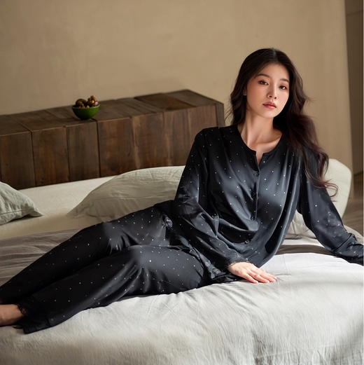 秋冬季女士睡衣波点蕾丝可外穿带胸垫长袖长裤甜美可爱家居服套装 商品图1
