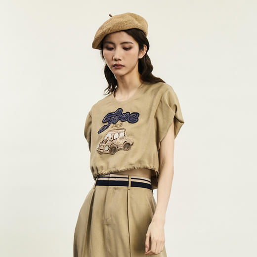 谜底短款上衣女2024夏季新品复古绣花圆领泡泡袖T恤短袖242MS0595 商品图2