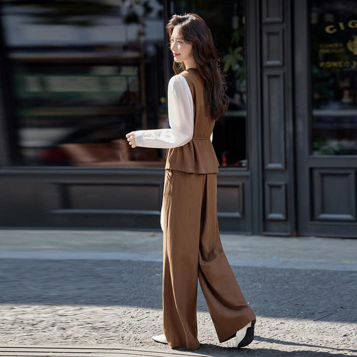 HR MEIQIN0812设计感气质撞色拼接套装系带收腰显瘦阔腿裤两件套 商品图3