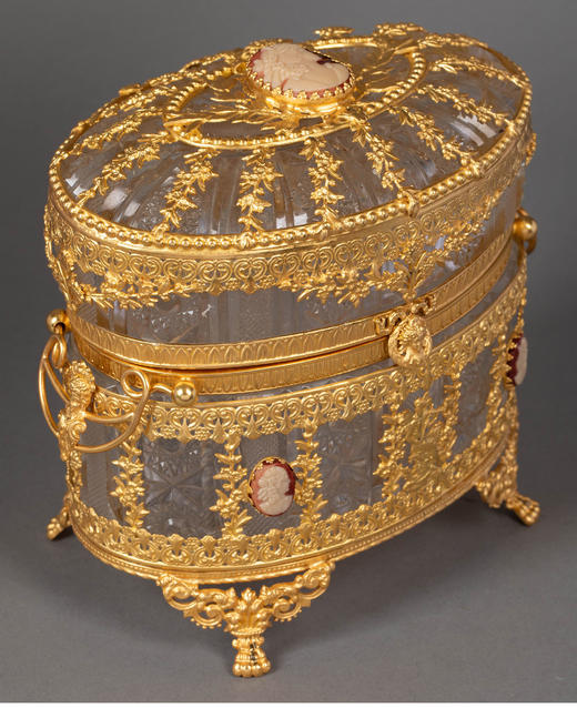 独角鹿西洋古董 19世纪末法国出品精灵仙子主题铜鎏金精雕嵌古典女子肖像卡梅奥装饰水晶珍宝盒 商品图2