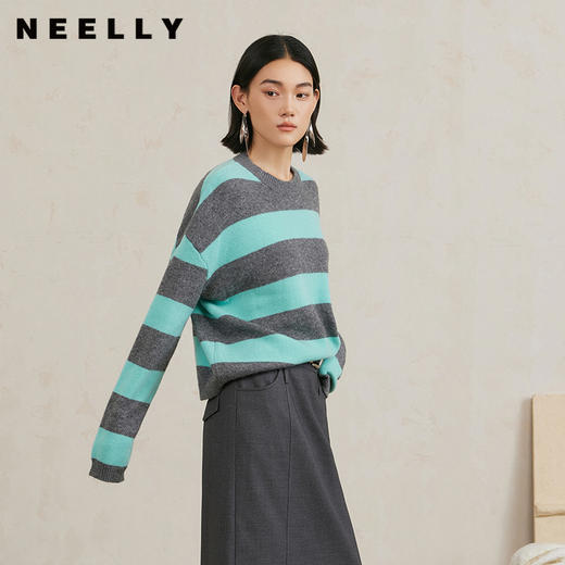 NEELLY纳俪商场同款冬季新款100%绵羊毛撞色条纹针织衫女套头毛衣N25104A04429 商品图0
